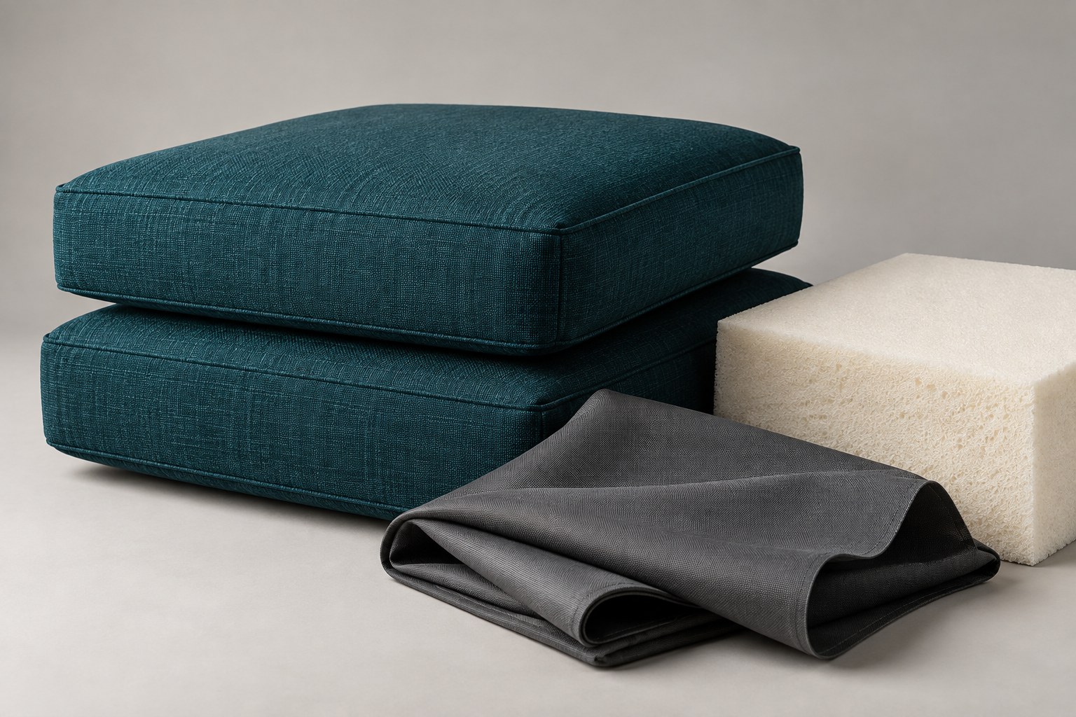 Concept presentation of upholstered cushions, foam and protective fabric